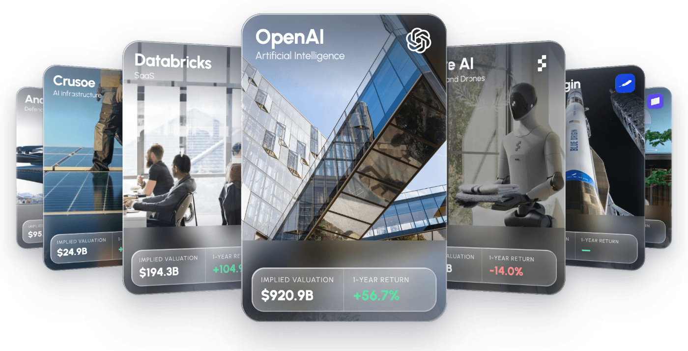 Private-market blue chip company cards: Anduril, Crusoe, Databricks, OpenAI, Figure AI, Blue Origin and Stripe